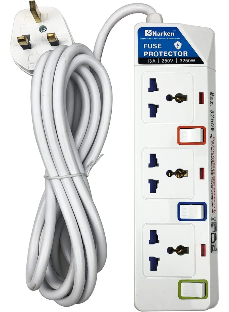 Narken E Series Electric Universal Extension Cord 3 Socket 3 Meter Power Strip wire 13A Fuse surge With Separate Single Switch and Indicate light Max 13A 3250W AC 250V White. - Image 1